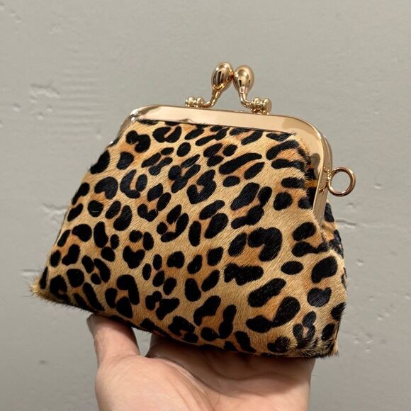 Leopard Print Genuine Hair-on-horsehide Kisslock Clutch/Coin Pouch/Crossbody - Picture 8 of 15